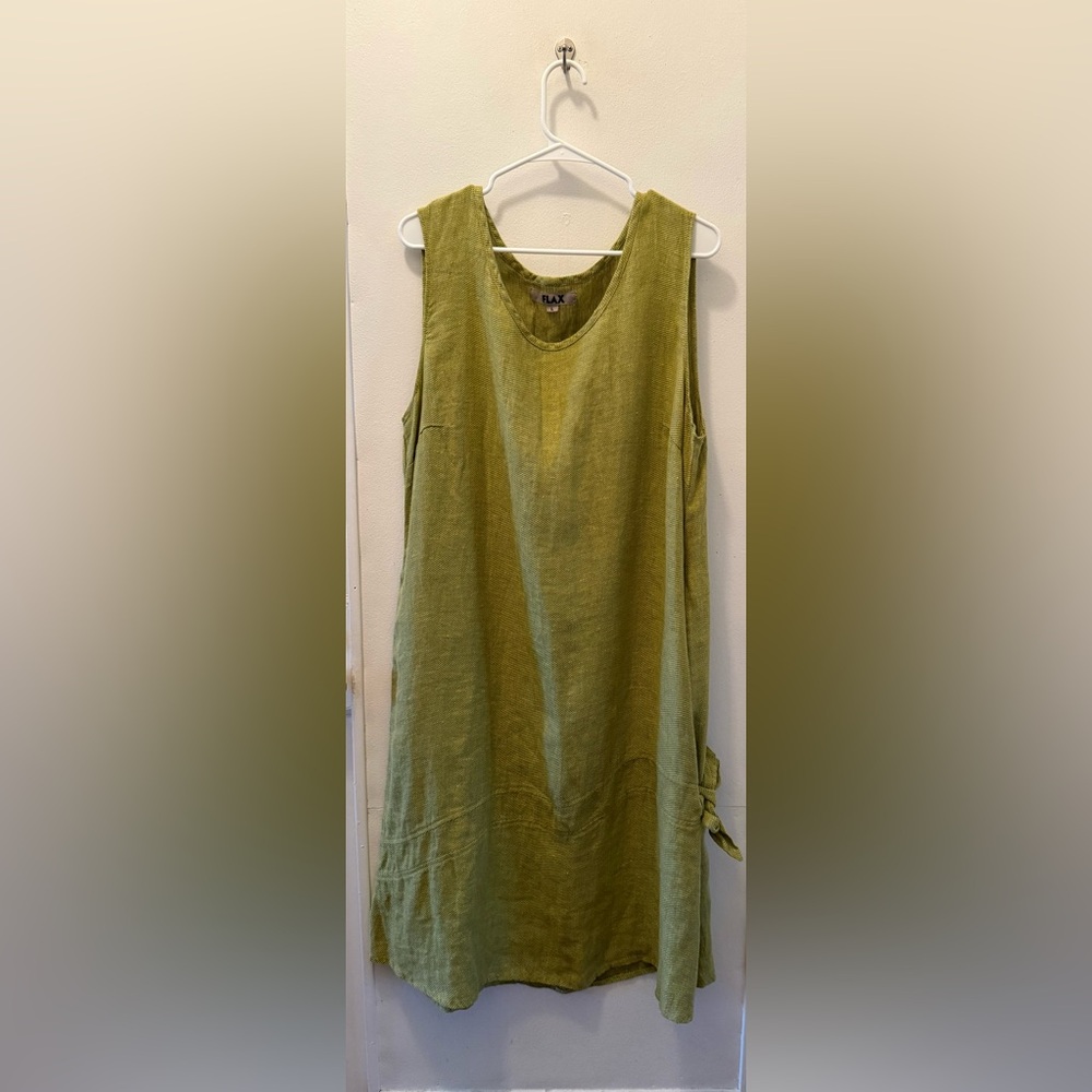 💚 Chartreuse Flax Linen Dress w/ Pockets // Large